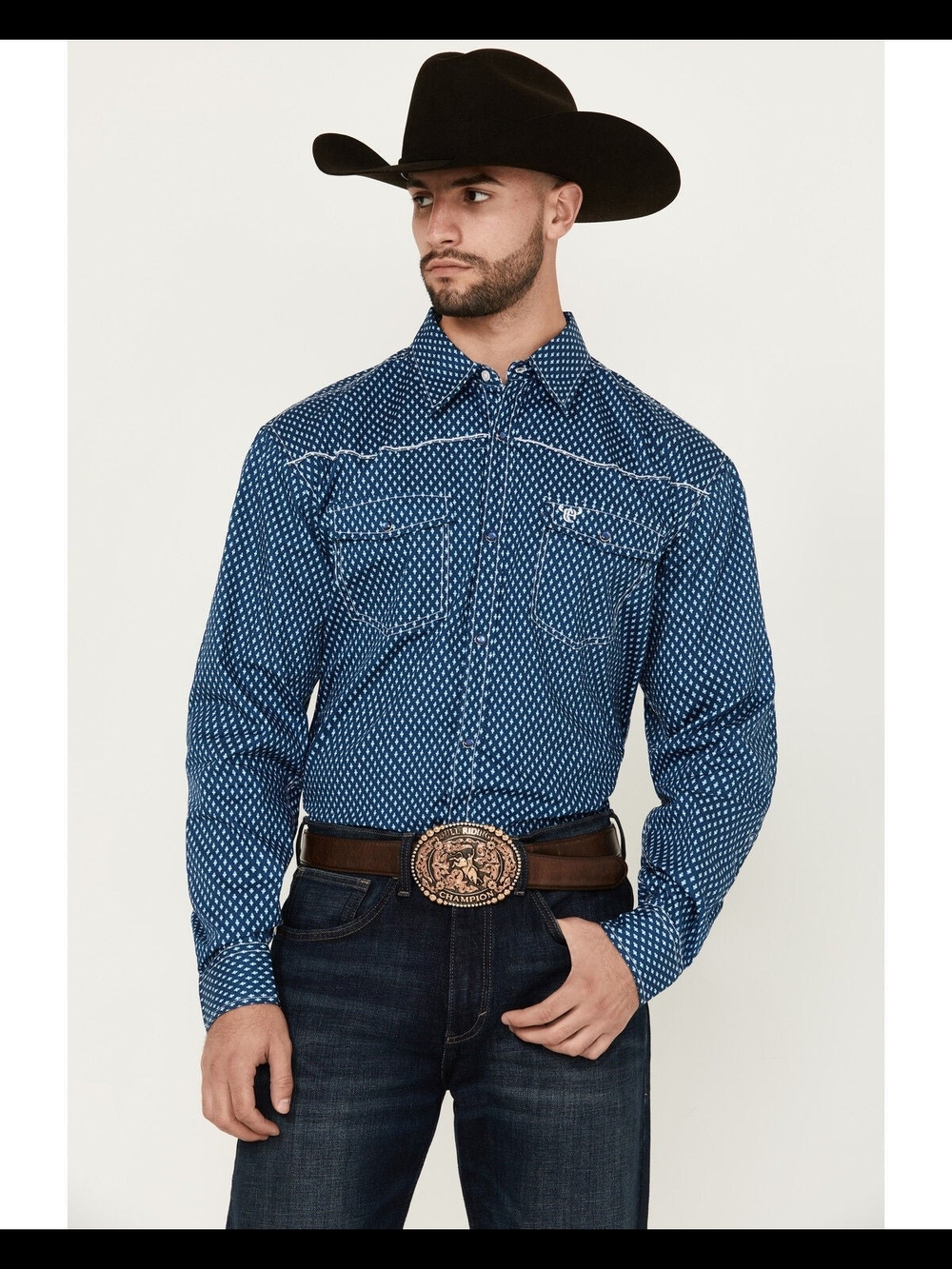 CowboyHardware Men's Fleur de Cowboy Print Long Sleeve Pearl Snap Western Shirt